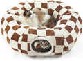 Lesure Cat Tunnel Bed for Indoor Cats - Cute Cat Donut Tunnel Toys for Small Large Cats with Washable Circle Cushion, Round Pet Peekaboo Cave Toy for Kitten/Puppy/Rabbit, Standard Brown Checks