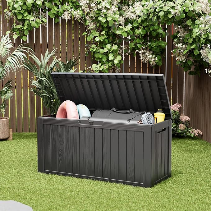 Deck Box, 82 Gallon Resin Indoor and Outdoor Storage Box Waterproof for Garden Tools, Pool Accessories Storage Bench, Patio Furniture and Cushions with Lockable Lid, Black