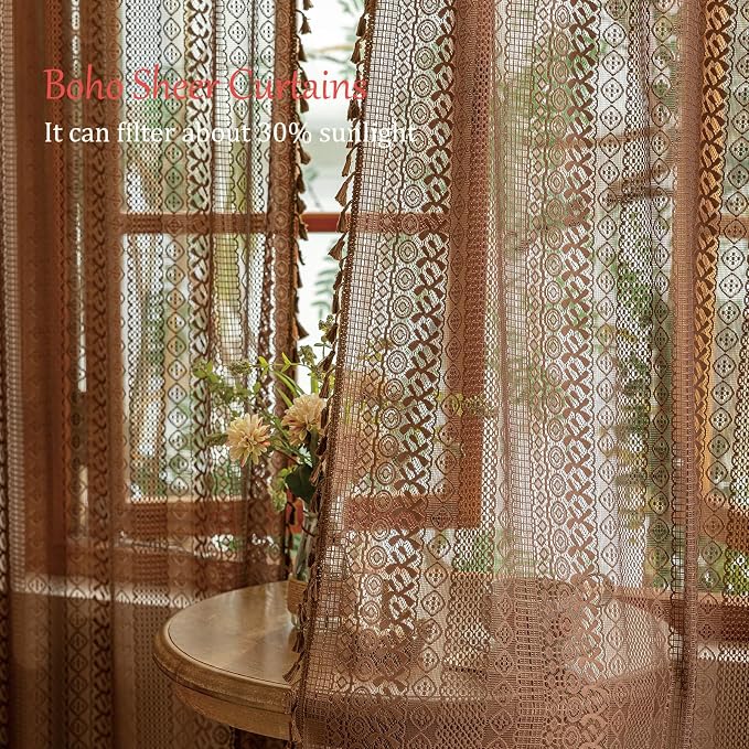 Sutuo Home Dark Coffee Boho Lace Curtains 72 inches Long for Nursery Bedroom, Sheer Curtains Light Filtering Caramel Privacy Vintage Chic Tassels Bohemian Window Treatments Rod Pocket, 2 Panels 50" W