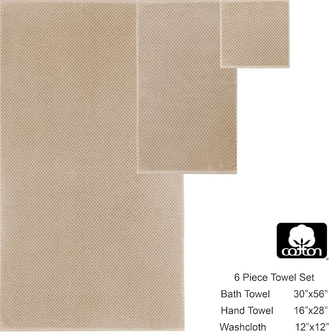COTTON CRAFT Euro Spa Waffle Weave 6 Piece Towel Set - 100% Cotton - Linen | 2 Oversized Luxurious Large Bath Towels, 2 Hand Towels, 2 Washcloths - Soft Plush Super Absorbent Low Lint Quick Dry