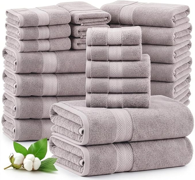 LANE LINEN Bath Towel Set 100% Cotton 24 Piece Soft Absorbent - Platinum | Cotton Towel Set - Densely Woven & Soft, Easy-Care, Coordinated Colors, OEKO-TEX Certified, Ring-Spun Durability