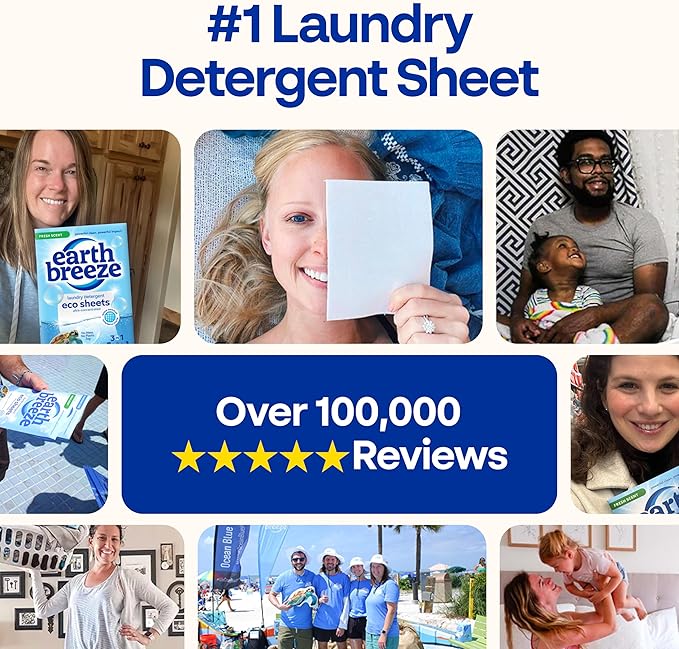 Earth Breeze Laundry Detergent Sheets Fresh Scent - 60 Loads per package. Eco Liquidless Soap - Travel-Friendly for Hot & Cold Cycles, Tackles Tough Stains & Odors - Gentle on Skin, 30 sheets (3 Pack)