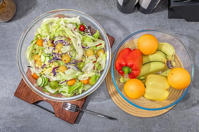 6.5Qt Extra Large Glass Mixing Bowl with Lid, Clear Large Salad Bowls with Airtight Bamboo Lid & Handle,Thickened Glass Big Mixing Bowls Cooking Bowl for Food Prep, Kitchen,Dinner, Borosilicate Glass