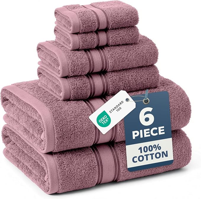 LANE LINEN Bath Towel Set Absorbent Quick Dry 100% Cotton - Wishful Mauve | Towel Sets For College Dorm - OEKO-TEX Certified, Zero-Twist Durability, Zero-Twist Cotton, Terry Weave Comfort