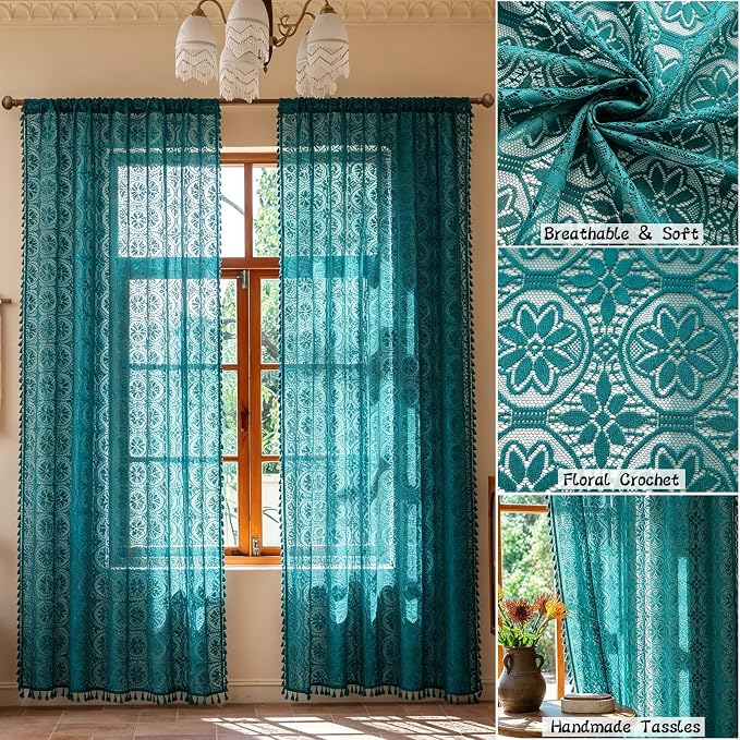 Sutuo Home Teal Sheer Lace Boho Curtains 84 inches Long 2 Panel for Bedroom | Victorian Privacy Cottagecore Vintage Tassels Light Filtering Floral Window Curtains Drape Christmas Decor Rod Pocket,50" W