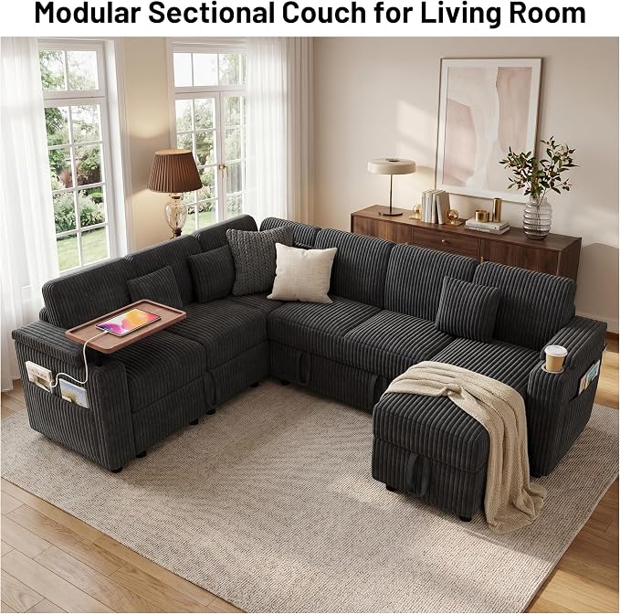 L-Shaped Sectional Sleeper Sofa with Pull Out Bed, Dark Grey | Plush Corduroy, Reclining Backrest, Storage Chaise, Usb Ports, Cup Holders & Table – Modular Cloud Couch for Living Room