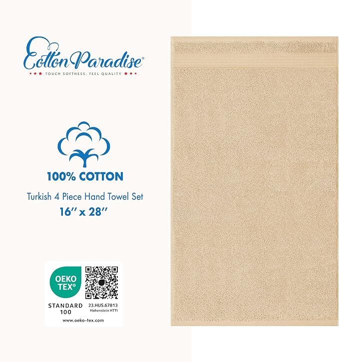 Cotton Paradise 100% Cotton Turkish Towel Set, Soft Absorbent Quick Dry, 4 Piece Hand Towel Set, Beige