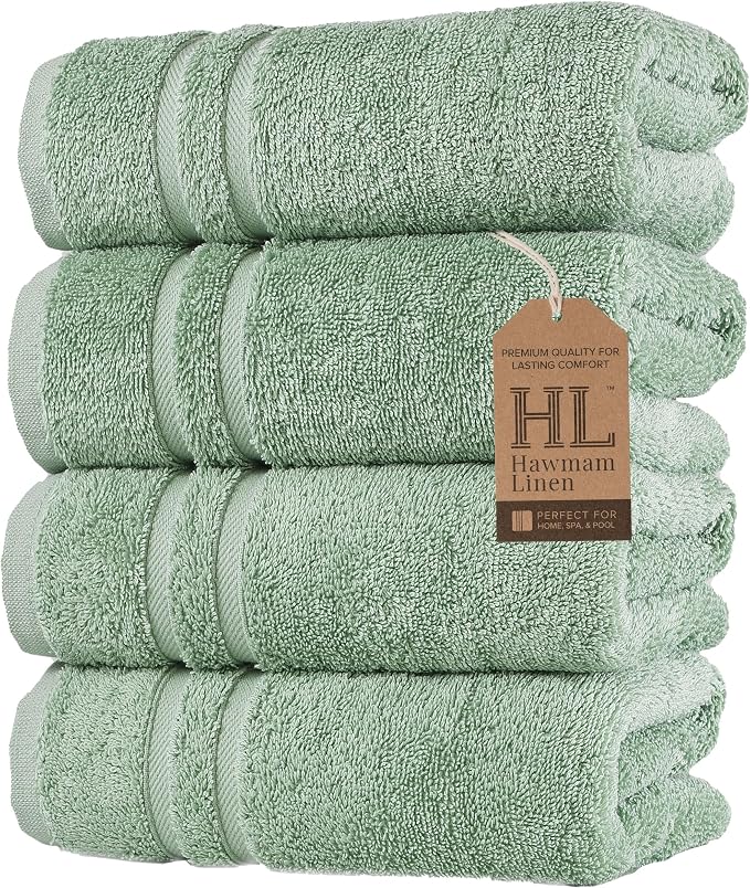 Hawmam Linen Light Green Hand Towels 4 Pack Turkish Cotton Premium Quality Soft and Absorbent Small Towels for Bathroom