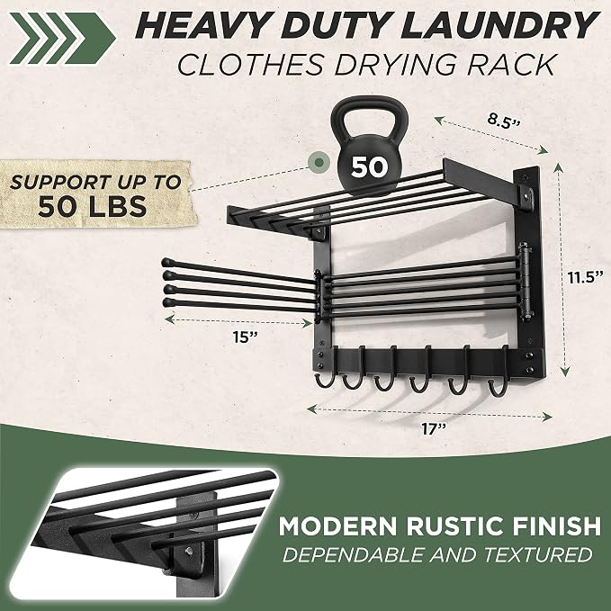 BATODA Wall-Mounted Steel Clothes Drying Rack, Solid Steel, Multi-function | High Quality Alloy Steel with 7-layer Coating, 6 Moveable Hooks + Swing Arms, Multifunctional Drying Rack, Easy to Install
