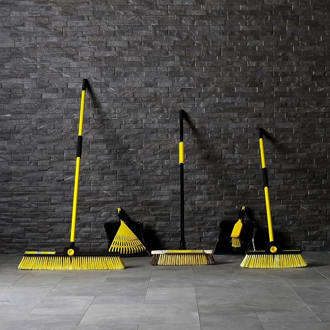 CHARLES BENTLEY Bulldozer Heavy Duty Dustpan and Brush Set with Stiff, Soft PVC Bristles, Serrated Edges, Front Scraper, Rubber Lip, Suitable for Garden and Indoor Use, Black and Yellow (44x28.5cm)