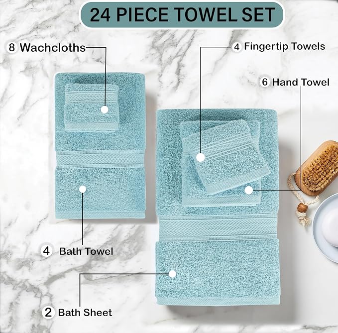 HILLFAIR 24 Piece Bath Towels Set for Bathroom- 100% Cotton 24 PC Bulk Pack Hotel Spa Towel Set- 2 XXL Oversized Big Towels, 4 Bath Towels, 6 Hand Towels, 4 Fingertip Towels, 8 Washcloths: Ocean Blue
