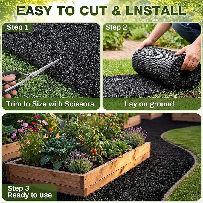 Nuanchu 1.33 x 20 ft Recycled Rubber Walkway, Black Rubber Mulch Mat Roll | Rubber Mulch Mat Roll for Landscaping Outdoor, Imitation Grass Design for Garden Pathway, Barrier & Edging Border
