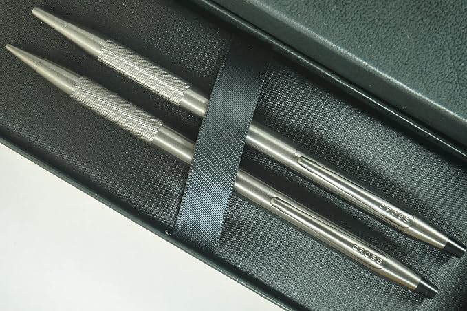 AT CROSS Cross Century Classic Titanium Gray finishes with a Band of Diamond Cut Micro-Knurl Detailing Barrel Ballpoint Pen and 0.7MM Pencil Set