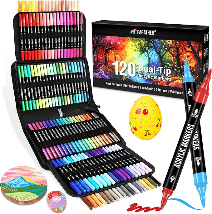 120 Colors Acrylic Paint Markers, Dual Tip Fine and Brush Tips Pens Contain 24 Metallic Color for Stone, Wood, Calligraphy, Canvas, Ceramic, Metal, Glass, Rock Painting, DIY Crafts Art Supplies Kit