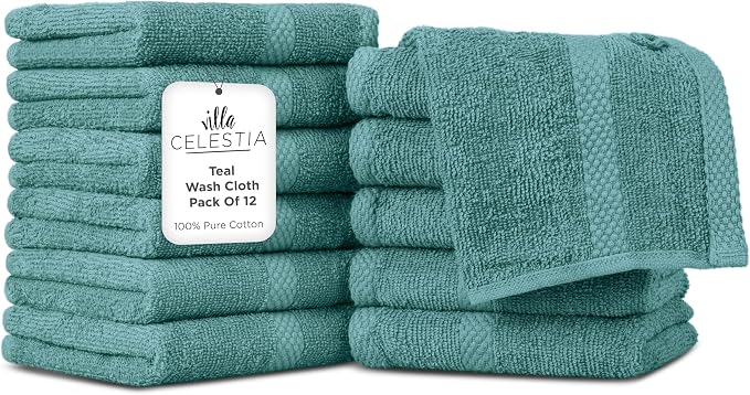 Villa Celestia Cotton Washcloths Set of 12, 12x12 Inch, 100% Ring-Spun Combed Cotton, Soft Absorbent Quick-Dry Wash Cloths for Face and Body, Oeko-TEX Certified, Hotel & Spa Quality, Teal
