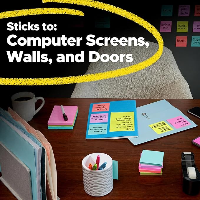 Post-it Super Sticky Notes, 4x6 in, 5 Pads/Pack, 90 Sheets/Pad & Super Sticky Notes, 3x3 in, 24 Pads/Pack, 70 Sheets/Pad, Amazon Exclusive Bright Color Collection