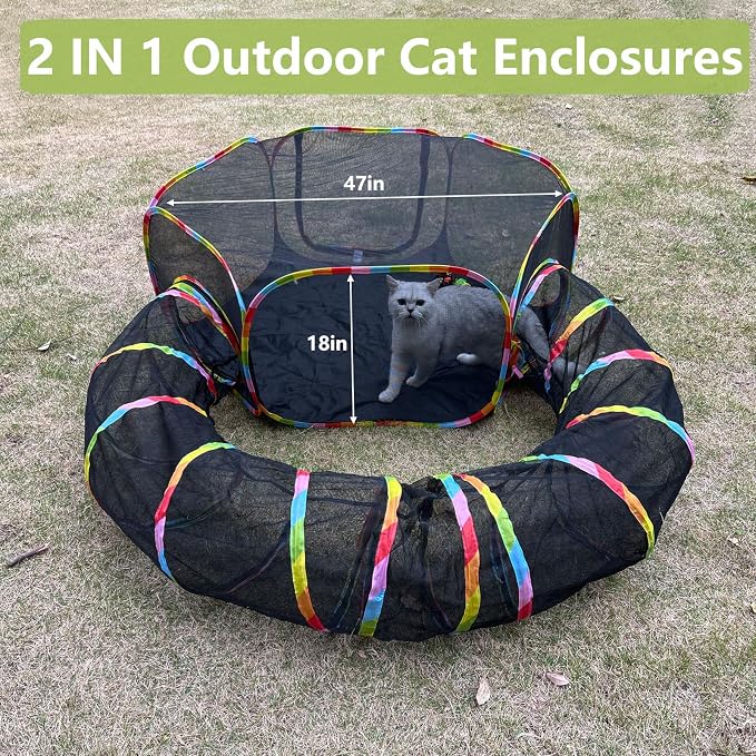 Outdoor Cat Enclosures, Cat Playground Portable Catio Mesh Tent, Outside Circle Playpen Tunnel for Kitty, Rabbit, Puppy and Small Animals
