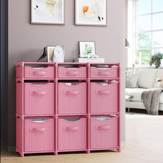 Cube Storage Organizer with 9 Storage Bins Included – Storage Cubes for Home Organization, Toy Storage, Office Storage, Living Room Storage, and General Storage Solution (Pink)