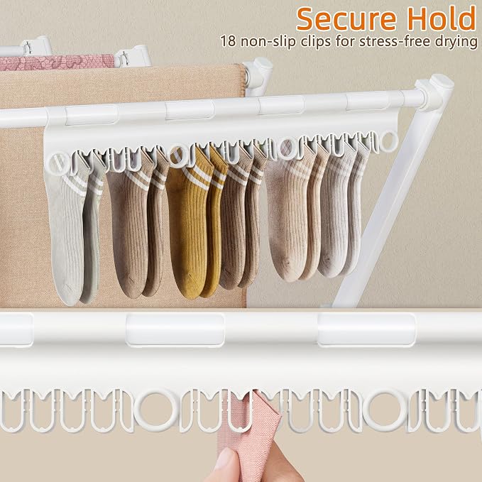 Drying Rack Clothing,35.43in Long Drying Poles Large Clothes Drying Rack | Foldable Portable Laundry Drying Rack with Sock Clips for Air Drying Clothing,Towels,Delicate Eac,Indoor Outdoor Use.White