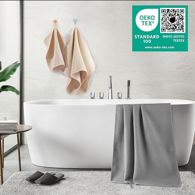 POLYTE 430 GSM Microfiber Quick Dry Lint Free Oversize Bath Towel Set, 6 Piece (Waffle Weave)