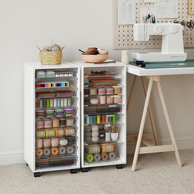 WOPITUES Storage Drawer Cart, Mobile Storage Cabinet, Makeup Storage with 10 Large Clear Drawers, Utility Wooden Rolling Cart on Wheels, for Cosmetic, Art Craft, Office Supplies, Toy, White