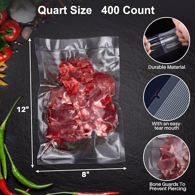AENTGIU 400 Vacuum Sealer Storage Bags, 8x12 Inch Seal a Meal Bags | BPA Free Quart Bags, Compatible with All Heat Vacuum Sealer Machine, Heavy Duty, Ideal for vac storage,Meal Prep or Sous Vide