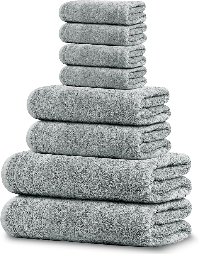 Tens Towels 8 Piece Towel Set, 2 XL Bath, 2 Hand, 4 Washcloth, Cool Grey | 100% Cotton, Lighter Weight, Quicker to Dry, Super Absorbent, Perfect for Bathroom