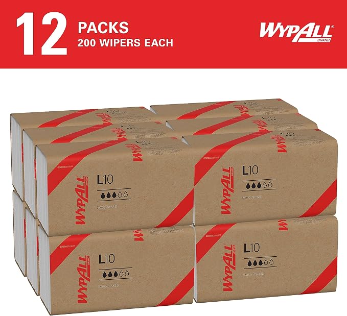 WypAll GeneralClean L10 Cloths Light Cleaning Wipes (01770), Dairy Towels, Bulk Paper Wipers, White (12 Packs of 200 Sheets, 2,400 Sheet Total)