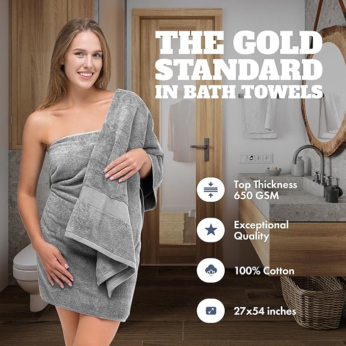 White Classic Light Gray Bath Towels 27x54 Inch, Cotton Towel Set for Bathroom, Hotel, Gym, Spa, Soft Extra Absorbent Quick Dry 4 Pack
