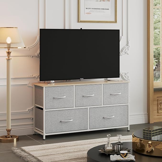 WLIVE Wide Dresser for Bedroom, 5 Drawer Chest of Drawers, Light Grey | 5 roomy fabric drawers, Wide storage design, Bedroom or closet use, Sturdy steel frame, Smooth wood tabletop