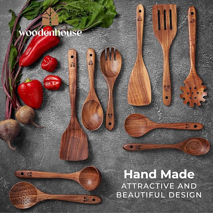 Wooden Spoons for Cooking – 10 Pcs Teak Wood Utensil Set, Durable, Nonstick Safe & Heat Resistant with Ergonomic Handles