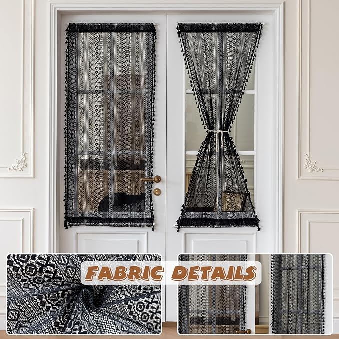 Sutuo Home French Door Curtains for Doorway Glass & Sidelights, Farmhouse Semi Sheer Bohemian Tassels Vintage Chic Privacy Cottagecore Drapes for Door Window, Rod Pocket 2 Panels 25" W x 72" L Black
