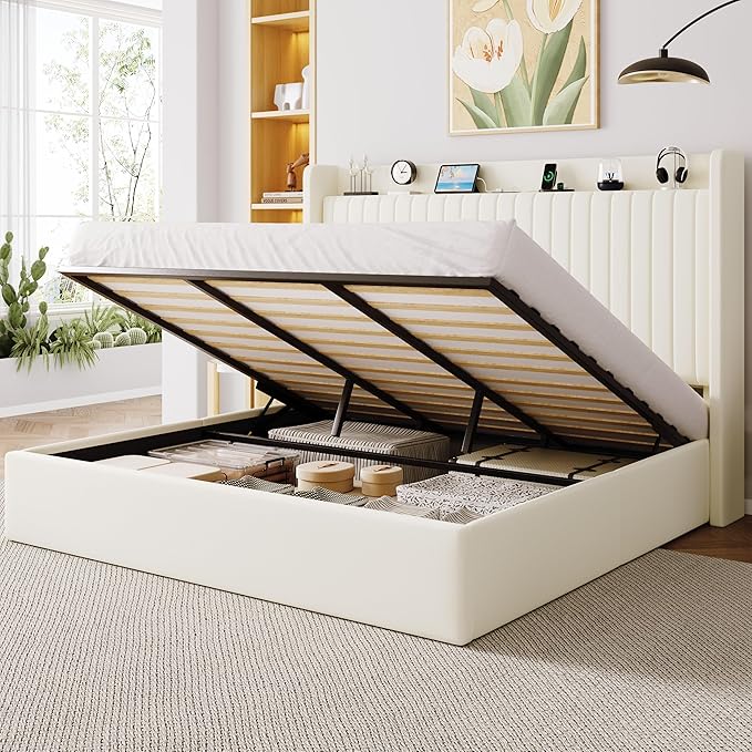 Allewie King Lift Up Storage Hydraulic Bed Frame,Charging Station,Cream | Storage Shelf Headboard with Charging Station,Type-C,USB Ports,Hydraulic Support,Velvet Upholstered,No Box Spring Needed
