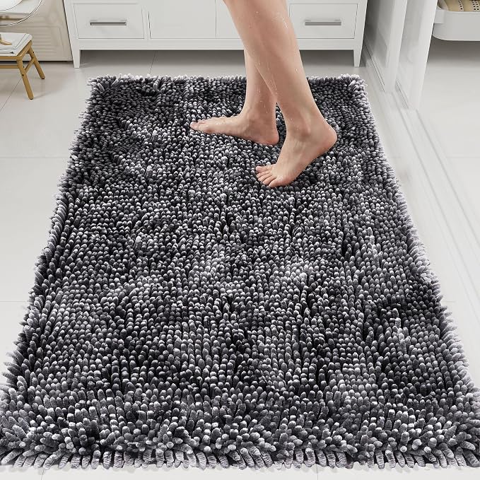 Bathroom Rugs Mat 48 x 24, Soft Absorbent Chenille Bath Rugs, Rubber Backing Bath Mats for Bathroom Floor, Tub, Shower, Bedroom, Home Decor Accessories, Quick Dry Machine Washable, Dark Grey