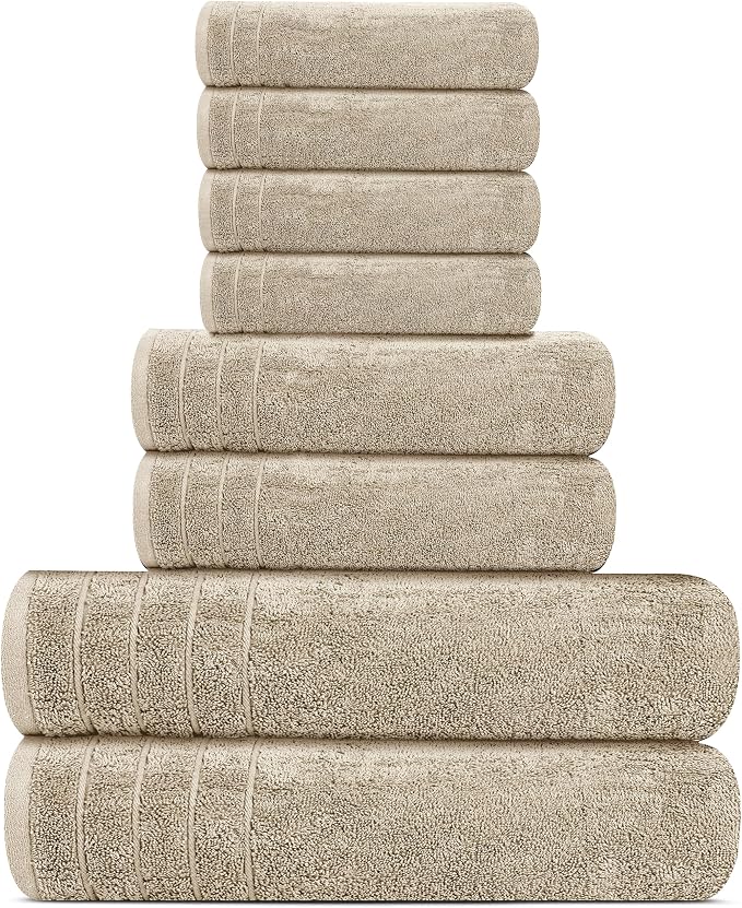 Tens Towels 8 Piece Towel Set, 2 XL Bath, 2 Hand, 4 Washcloth, Beige | 100% Cotton, Lighter Weight, Quicker to Dry, Super Absorbent, Perfect for Bathroom