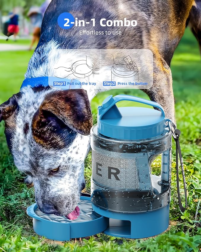 lesotc Portable Dog Water Bowl Dispenser - 77oz Travel Water Bottle with Pop-Out Drinking Bowl, No-Spill Design for Camping, Hiking & Car Rides - Keep Your Dog Hydrated Anywhere, Blue
