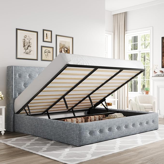 Allewie King Size Lift Up Storage Button-Tufted Bed Frame Blue Grey | Modern Wingback Headboard, Hydraulic Support Storage, No Box Spring Needed