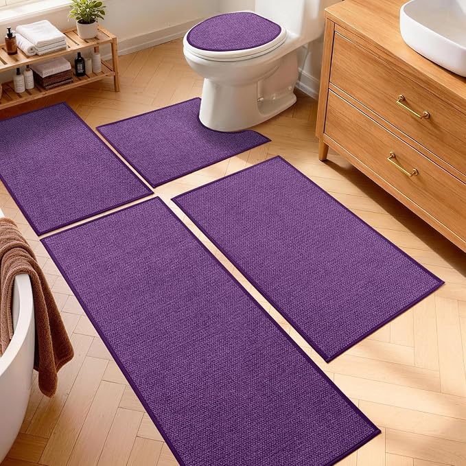 YIHOUSE Purple Bathroom Rugs Sets 5 Piece, Quick Dry Thin Bath Mat with Toilet Rug - Non Slip Absorbent Machine Washable - Bath Runner Rugs for Bathtub Sink Home Decor
