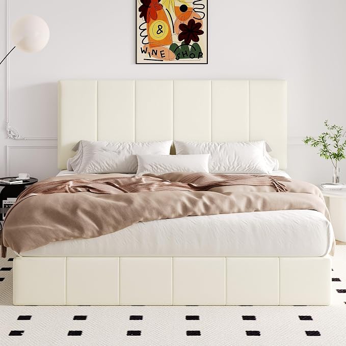 Allewie King Size Velvet Lift Up Hydrualic Storage Bed Frame, Cream | Vertical Channel Tufted Headboard, Hydrualic Underneath Storage, Upholstered Platform Bed, No Box Spring Needed