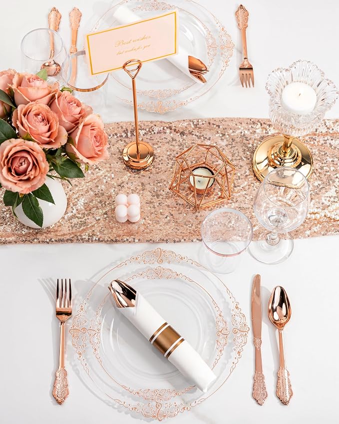 Nervure 350PCS Rose Gold Plastic Plates - Rose Gold Plastic Dinnerware Sets for 50 Guests - 100 Disposable Plates, 150 Silverware, 50 Cups, 50 Napkins Perfect for Wedding & Party