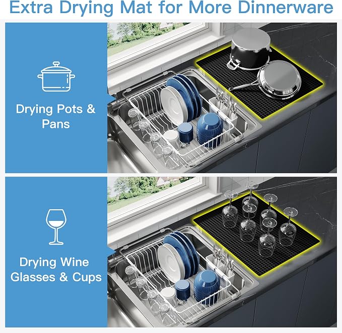 JASIWAY White Dish Drying Rack in Sink with Mat, Cups and Utensil Holder | Use Over the Sink or Counter, Stainless Steel Expandable Dish Drainer for Small Kitchen, Space Saving, Fast Drain, Rustproof