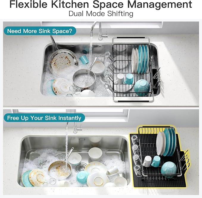 JASIWAY Black Dish Drying Rack in Sink with Mat, Cups and Utensil Holder | Use Over the Sink or Counter, Stainless Steel Expandable Dish Drainer for Small Kitchen, Space Saving, Fast Drain, Rustproof