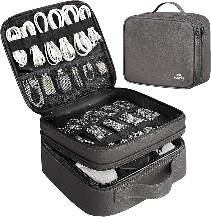 MATEIN Cord Organizer Case with Adjustable Divider, DJ Cable File Bag for Electronic Storage, USB Cable, Charger, Tech Accessories, Shockproof Portable Double Layer Cord Bags, Grey