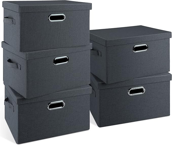 Graciadeco Medium 15" 21 Quart Collapsible Stackable Storage Bins with Lids, 5 Packs Dark Gray Foldable Fabric Closet Storage Boxes with Lids, Lidded Heavy-duty Linen Baskets(15x11x8)