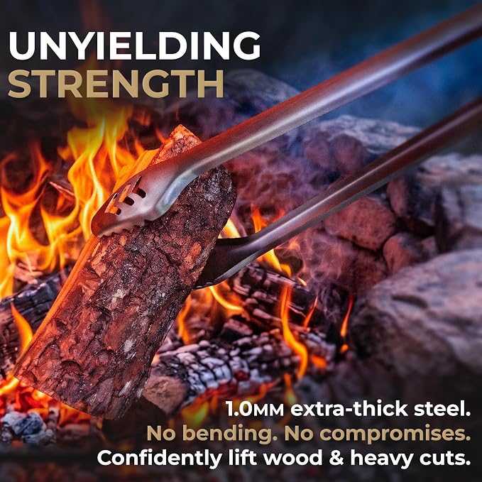 25-Inch Heavy Duty Metal Grill Tongs for Outdoor Grill & Log Fire | 1.0mm Thick stainless steel & Pakkawood handles. Extra Long Metal BBQ Tongs for Grilling Charcoal Cooking, Fire Pit Tools