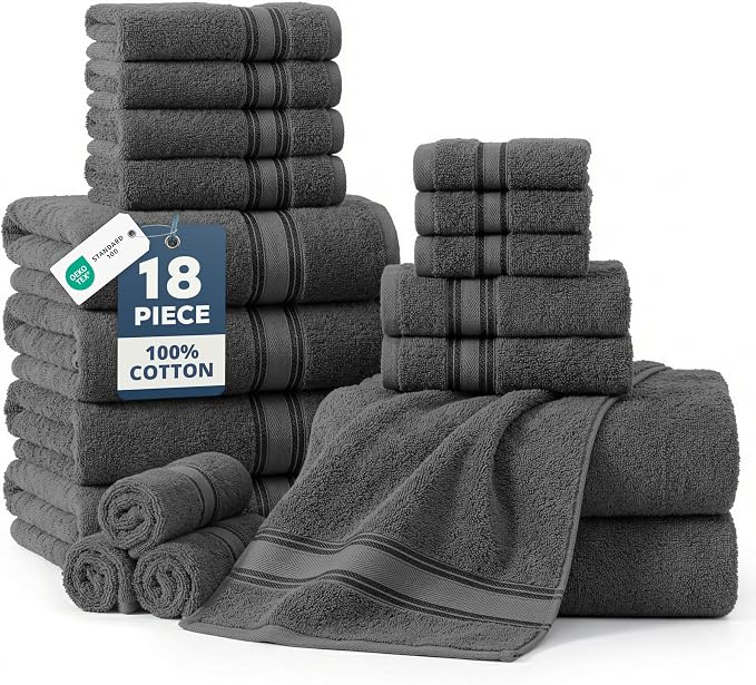 LANE LINEN Bath Towel Set 100% Cotton 18 Piece Soft Absorbent - Grey | Cotton Towel Set - Densely Woven, Coordinated Colors, Everyday Durability, OEKO-TEX Certified, Zero-Twist Durability