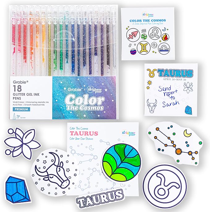 A Brighter Year Large Color The Cosmos Taurus Bundle - Adult Mini Coloring Book (3" x 3" - 50 Pages), Post It Notes (50-3” x 3”), Stickers, & Gel Pens - Stress Relief, Mindfulness, Gift, Travel