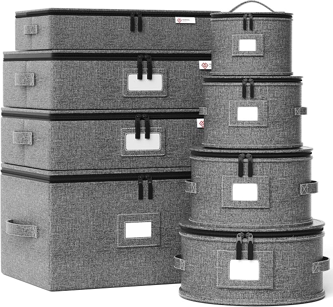 China Storage Containers Hard Shell,Moving Boxes for Mugs,Wine Glassess,Plates,Sausers,Utensils and Dinnerware, Sturdy Dish Organizer with Felt Dividers,8-Piece Set,Grey