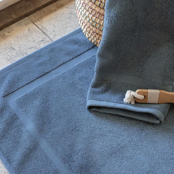 SALBAKOS 2-Piece 100% Turkish Cotton Bath Mat Towel, 20x34 inch, Blue | Bathroom Floor Towels, Thick Soft Most Absorbent Quick-Dry Durable Large Size Foot Rug, Premium Hotel Quality Made in Turkey