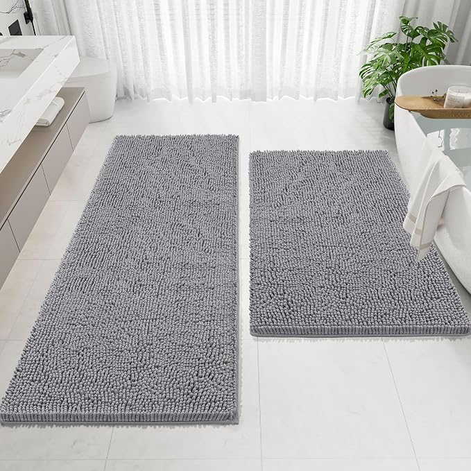 Bathroom Rugs Mat 72 x 36, Thick Soft Absorbent Chenille Bath Rugs, Rubber Backing Bath Mats for Bathroom Floor, Tub, Shower, Bedroom, Home Decor Accessories, Quick Dry Machine Washable, Grey